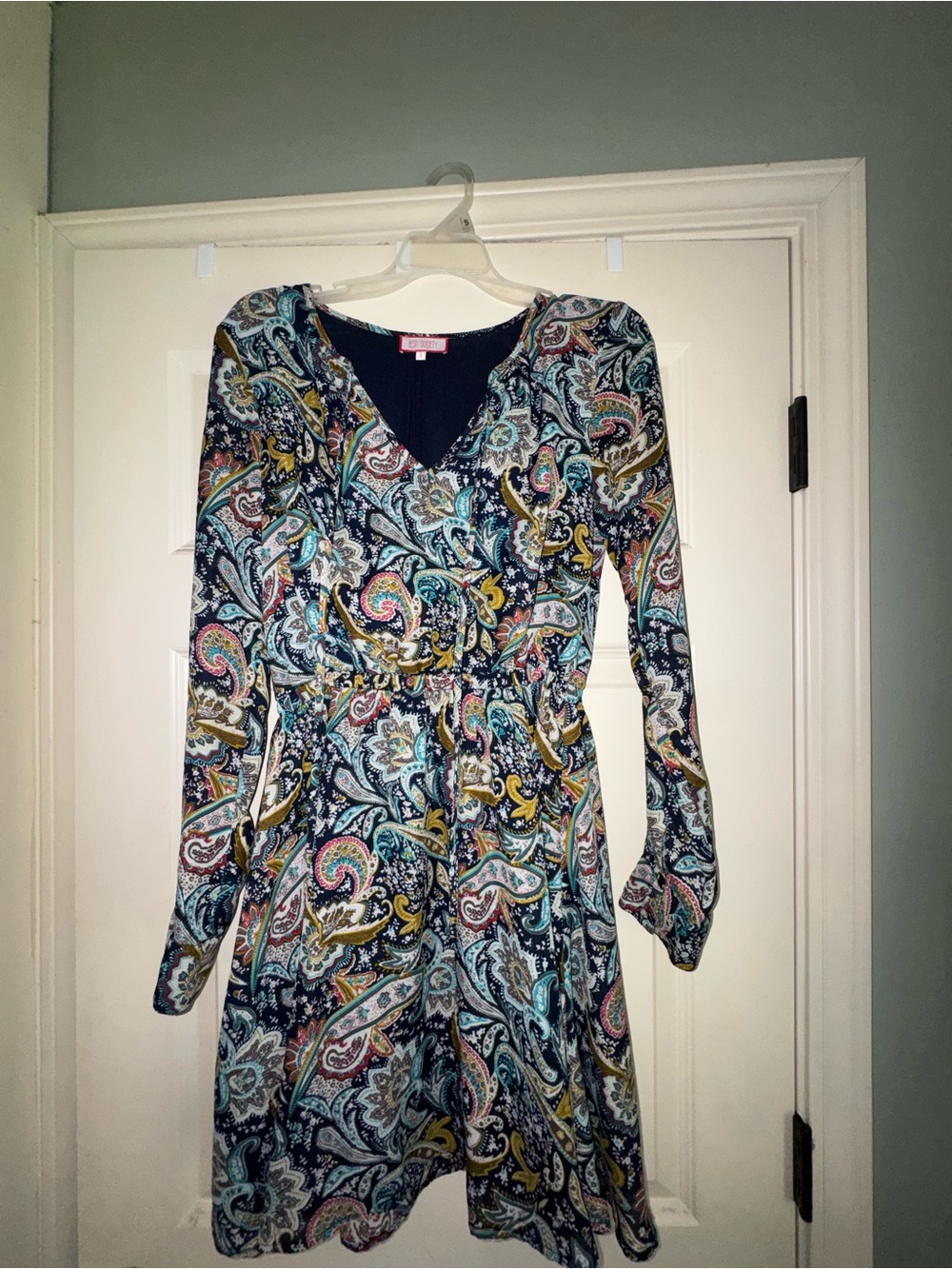 Boutique Paisley Long Sleeve Dress Small Navy Blue Boho V-Neck Mini - Picture 2 of 6